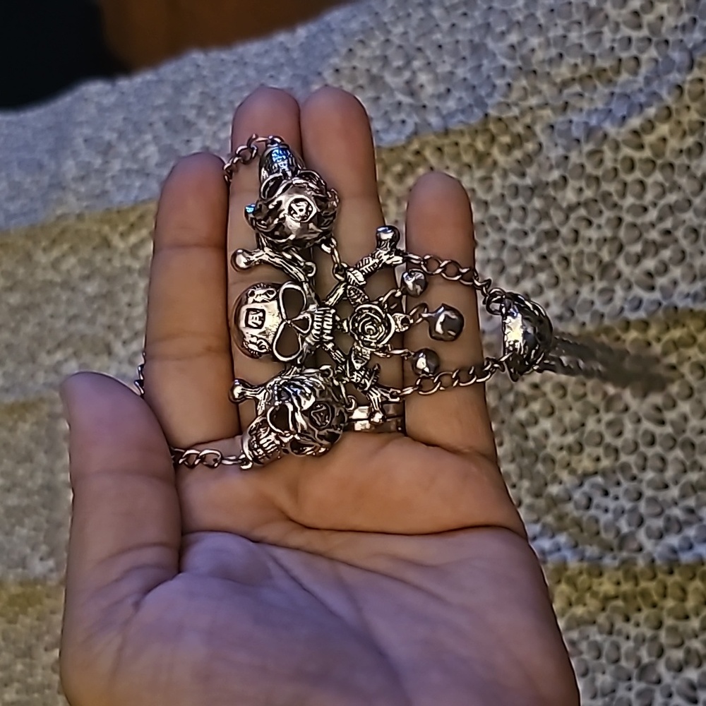 Silvertone And Black  Skeleton and Rose Bracelet